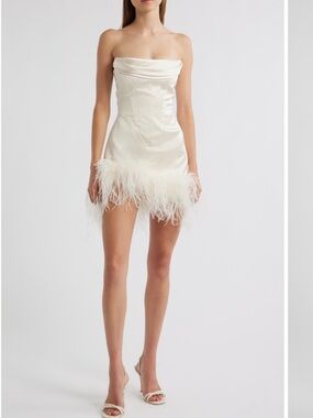 Delfi Collective Strapless Feather-Trim Mini Dress in Ivory Bridal